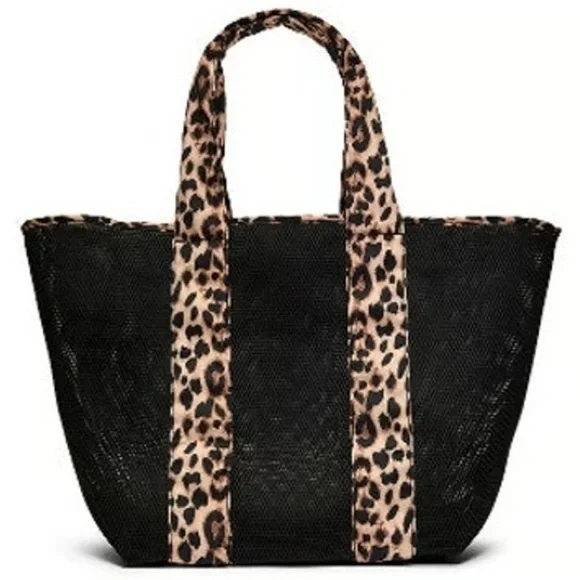 VS Leopard Print Black Mesh Tote Top Zip Closure Bag 14"L x 15"H x 10"D - Picture 5 of 7